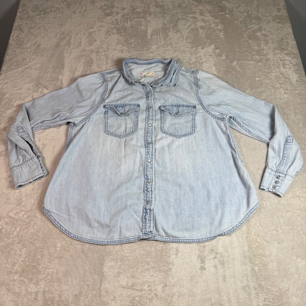 HATCH Womens Maternity 100% Organic Cotton Light Wash Denim Snap Shirt XL